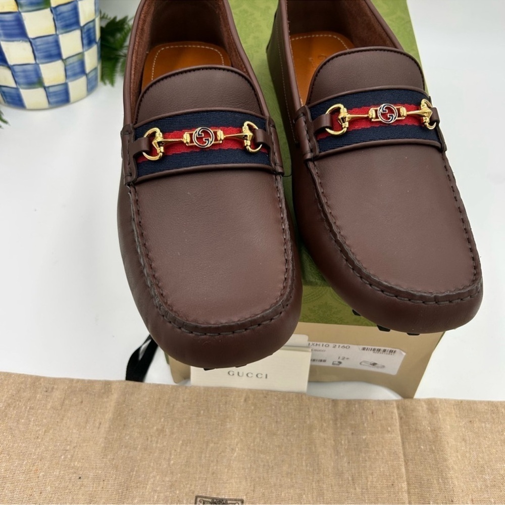 Men’s Gucci Ayrton web striped leather loafers size 12.5 fits 13 US made Italy